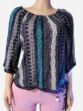 Westport Navy and Teal Striped Peasant Blouse